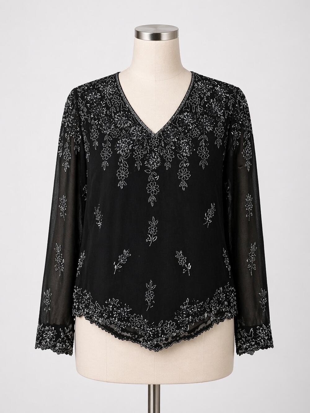 Vintage Sequin Top Black Beaded Florals 6